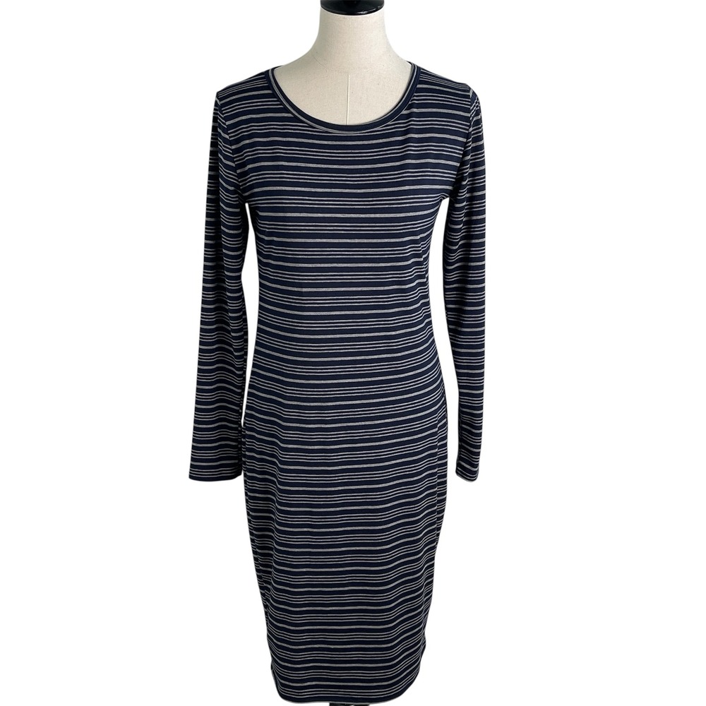 LuLaRoe Julia Striped Bodycon Midi T Shirt‎ Dress Navy Blue Size Medium M - Picture 2 of 6